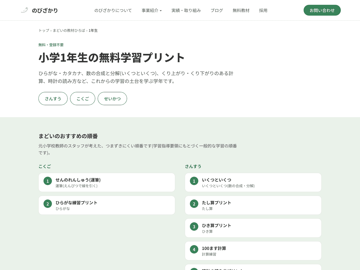 小学1年生のページ。こくごとさんすうのおすすめの順番が番号つきで並んでいる